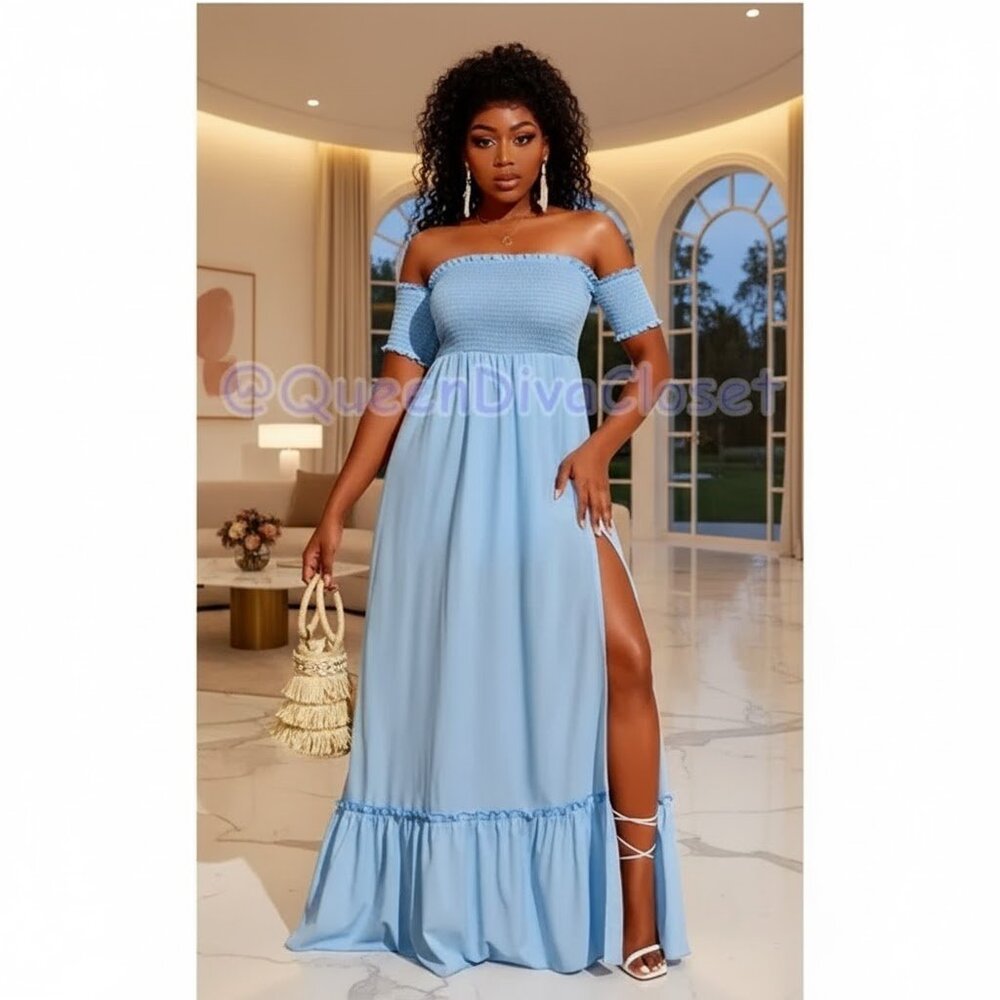 SHEIN Off Shoulder Slit Thigh Ruffle Hem Maxi Dress Light Sky Baby Blue L 8-10